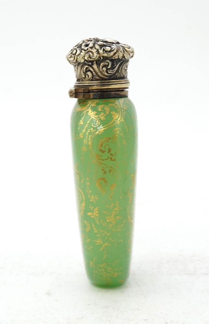 A late 19th century gilt white metal mounted green opaline glass scent flask, by Sampson Mordan & Co
